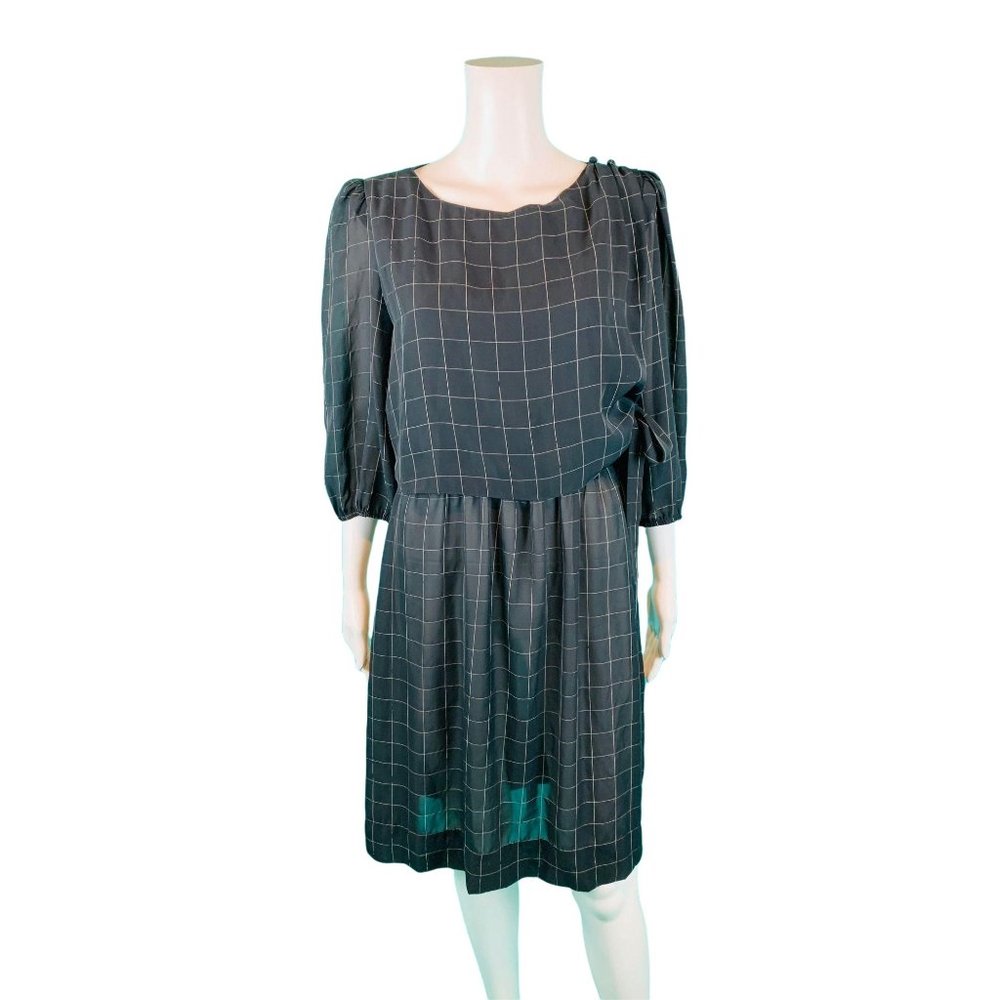 Vintage 80s Sheer Dress Womens Medium Black Windowpane Waist Tie